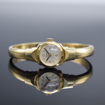 Damenspangenuhr signiert ADORA in GG 585/000, Schweiz um 1960, quarz, Boden aufgedr., Quarzwerk später auf Kundenwunsch, silb. Zifferbl. m. gold. ...
