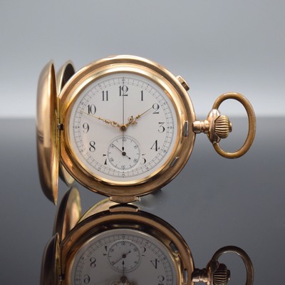 NESTOR DELEVAUX Savonette Herrentaschenuhr mit Minutenrepetition & Chronographenfunktion in RG 585/000, Schweiz um 1910, glattes 3 Deckel Goldgeh. l. ...