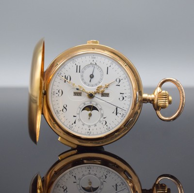 Astronomische Savonette Herrentaschenuhr mit 1/4-Stunden-Repetition & Vollkalender in RG 750/000, Schweiz um 1900, glattes 3-Deckel Goldgehäuse ...