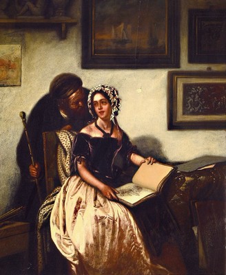 Jan Lodewyk Jonxis, Utrecht 1789-1867, Junge Frau beim Betrachten eines Skizzenbuches, der Maler schaut ihr über die Schulter, an den Wänden ...