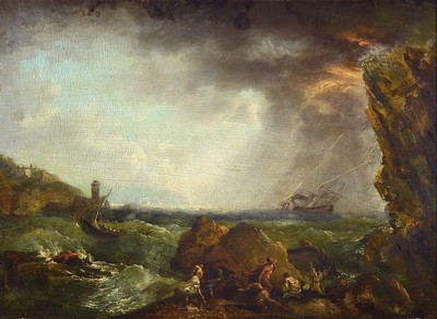 Zuschreibung: Claude Joseph Vernet, 1714 Avignon-1789 Paris, Schiffbrüchige nach der Rettung am Strand, Öl/Holz, feine detaillierte Darstellung der ...