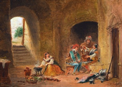 Paul Vogler, 1852 Paris-1904 Verneuil-sur-Avre, 2 Pendants; Landknechte in der Gaststube und Landsknechte beim Aufteilen der Beute, beide Öl/Holz, ...