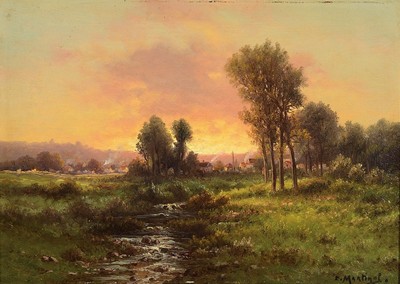 E. Martinol, frz. Maler um 1900, Abendstimmung über einer Landschaft mit munterem Bachlauf und einem Dorf im Hintergrund, Öl/Lwd, rechts unten ...