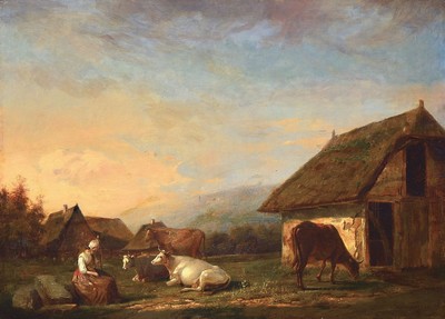 Henri de Pratere, 1815-1890 Courtrai/ Kortrijk, Hütemädchen mit Kühen vor einem Bauerngehöft, Öl/Holz, parkettiert wegen seitlicher ...