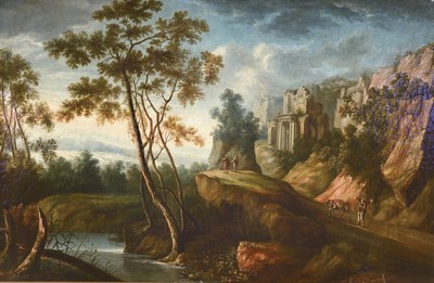 Zuschreibung: Willem de Heusch, 1625-1692 Utrecht, zwei Männer blicken von einer Felsklippe in die weite Landschaft, auf dem Weg ein Mann mit Esel, ...