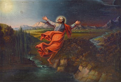 Unbekannter Maler, deutsch, um 1760-1780, Die Schöpfung, Gottvater schwebend über der Landschaft mit Bergen, Fluss etc., am Himmel Sonne, Mond und ...
