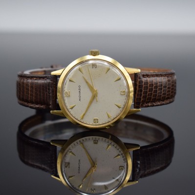 MOVADO Herrenarmbanduhr in GG 750/000 mit Kaliber 127, Handaufzug um 1950, Handaufzug, 2-teil. Geh., Boden aufgedr., silb. Zifferbl. m. aufges. ...
