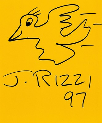 James Rizzi, 1950-2011, Bird, Filzstift auf gelbem Papier, signiert und dat. 97, ca. 24x20cm, PP, u.Gl., R. ca. 34x30cm