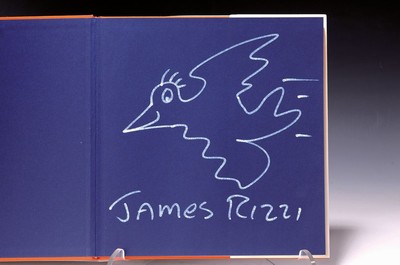 James Rizzi, 1950-2011, Bird, weißer Filzstift auf blauem Papier auf dem Vorsatz- Blatt des Buches: James Rizzi 3-D constructions, John Szoke New ...