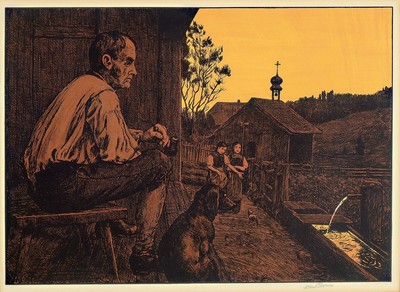 Hans Thoma, 1839 Bernau - 1924 Karlsruhe, zwei Farblithographien, a. Hüter der Täler (1898), Aluminium gehöht, handsigniert, in der Platte ...
