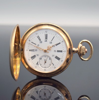Herrensavonette in RG 585/000, Schweiz um 1900, beids. guill. Geh. dell., Sprungdeckel m. Monogrammspiegel, Metallcuvette, Emailzifferbl. m. röm. ...