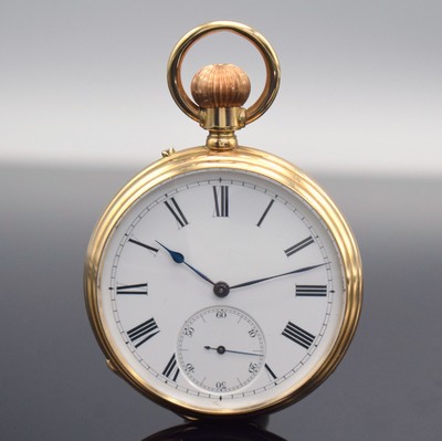 Offene Taschenuhr in RG 585/000, Schweiz um 1890, Geh. l. dell., guill. Rückdeckel m. Monogramm, Innen m. Namensgravur, Metallcuvette, ...