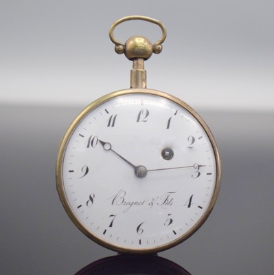 Offene Spindeltaschenuhr bezeichnet Breguet & Fils mit 1/4-Stunden-Repetition, Schweiz um 1820, Scharnierboden & Glasrand, Emailzifferbl. m. arab. ...