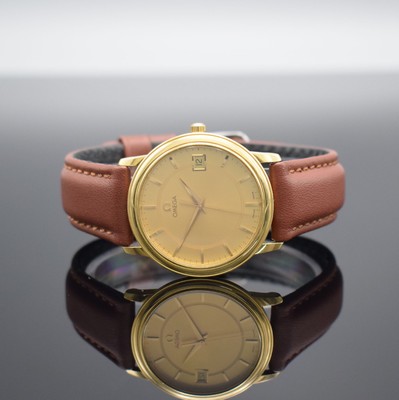 OMEGA Herrenarmbanduhr in GG 750/000, Schweiz um 2000, quarz, Ref. 1961050/3961050, 2-tlg. Geh., Boden aufgedr., gold. Zifferbl. m. gold. Ind. & ...