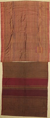 2 lots alte Khmer Sampot, traditionelle Kleidung, Phnom Penh (Kambodscha), Seide handgewebt, Naturfarben, um 1940/50, ca. 200 x 85cm, (Löcher und ...