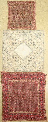 2 Seidenstickereien und 1 Batik-Tuch, Sumatra, Indonesien, um 1930, extrem feine Stickerei, ca. 125 x 125 cm, (Löcher, Flecken)