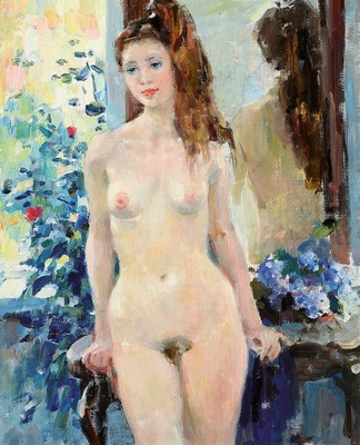 Nadejda Noukalo, geb. 1947/53, zeitgenössische russische Künstlerin, stehender Frauenakt, Öl/Lwd, rückseitig bezeichnet, ca. 62x52 cm