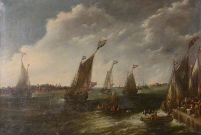 Zuschreibung Francoise Maria Francia (1772 -1839), 1.H.19.Jh., geschäftiges Treiben im Hafen, zahlreiche Büsen mit der Prinsenvlag, links im Stein ...