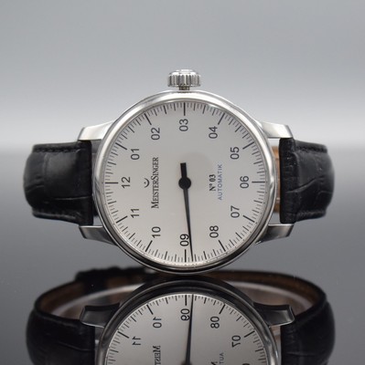 MEISTERSINGER No 3 Herrenarmbanduhr in Stahl Referenz AM901, Schweiz um 2010, Automatik, beids. vergl. Geh., Boden 6-fach verschr., orig. Lederband ...