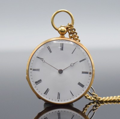 PATEK & Cie offene Damentaschenuhr in GG 750/000, Schweiz um 1880, Kette in GG/WG 333/000 später, 2-Deckel-Goldgeh., Rückseite & Rand floral grav., ...