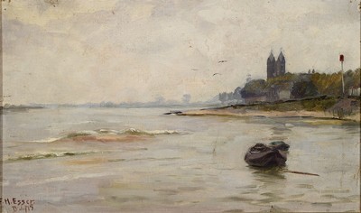 F. Heinz Eßer, geb. 1892 Düsseldorf, Fischerboot auf dem Rhein, Öl/Hartfaser, signiert, ca. 32x52cm, R. ca. 38x59cm