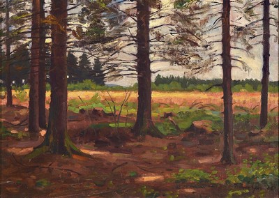 F. Heinz Eßer, geb. 1892 Düsseldorf, Blick aus dem Wald auf ein Feld, Öl/Hartfaser, rechts unten signiert, ca. 32x45cm, R. ca. 41x53cm