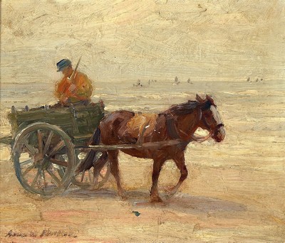 Arnold Moeller, 1886 Bückeburg-1963 Bruckmühl, Fischer mit Pferdekarren am Strand, Öl/Lwd, links unten signiert, ca. 34x40cm, R. ca. 45x56cm