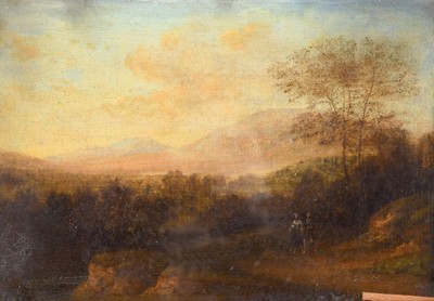 Zuschreibung: Herman van Swanevelt, um 1603 Woerden - um 1655 Paris, bukolische Hügellandschaft mit zwei Personen, Öl/Lwd, beschnitten und ...