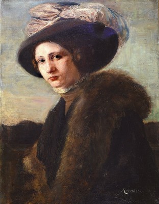 A. Wechsler, Münchener Schule, um 1900, Porträt einer jungen Frau mit Hut, Öl/Lwd, rechts unten signiert, Druckstelle, ca. 75 x 60 cm, Prunkrahmen ...