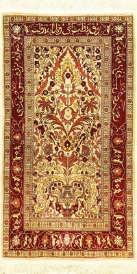 Hereke Seide fein Signiert, Türkei, um 1960, reine Naturseide, ca. 90 x 50 cm, ca. 1,0 Mio. Kn/qm, EHZ: 2