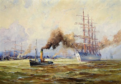 Adolf Schuhknecht, 1889 - 1963 Rotenburg, Dampfschlepper zieht 4-Master in den Hafen, pastoser Farbauftrag, rechts unten signiert, verso betitelt ...