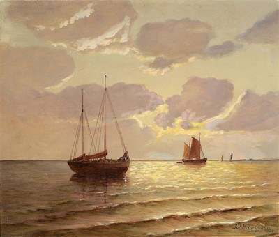 Julius Hennemann, Künstler des 20.Jh., maritime Landschaft: ruhige See mit zwei Zweimastern, rechts unten signiert u. datiert Wiesbaden 1952, ...