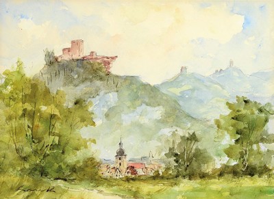 Robert Lauth, 1896-1985 Ludwigshafen, Konvolut aus einem Ölgemälde und 3 Aquarellen: a) Landschaft vor der Haardt, Öl/Malkarton, rechts unten ...