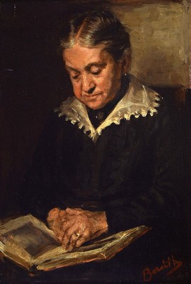 Ungedeuteter Künstler, um 1860, Porträt einer lesenden Dame, lasierende Malerei, rechts unten signiert in rot, Öl/Holz, R., ca.29x20 / 43x35 cm