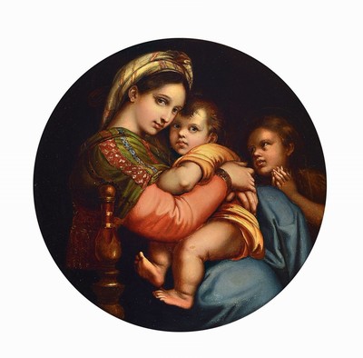 Unbekannter Künstler des 19.Jh., nach Raffaels Madonna della Seggiola (1514), Darstellung Marias mit Christus u. Johannes dem Täufer, Öl/Lwd, ...