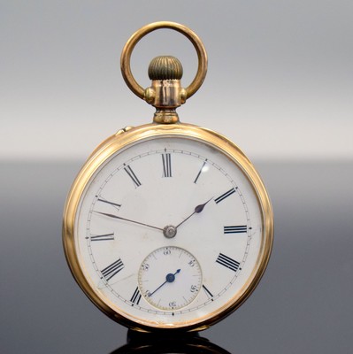 Offene Taschenuhr in RoseG 585/000, Schweiz um 1900, Emailzifferbl. m. röm. Zahlen besch., gebl. Zeiger, Metallcuvette, Rückdeckel mit Monogramm, ...