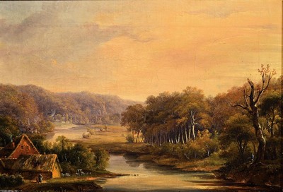 Charles Soubre, 1821 Lüttich - 1895 ebenda, spätromantische Flusslandschaft mit Siedlungen u. Staffagefiguren (Magd u. Angler), rechts unten ...