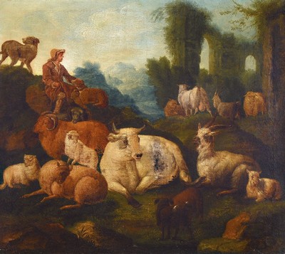 Zuschreibung: Jacob van der Does, 1623 Amsterdam - 1673 Sloten, italianisierende bukolische Szene mit lagerndem Hirten vor antiker Ruinenarchitektur, ...