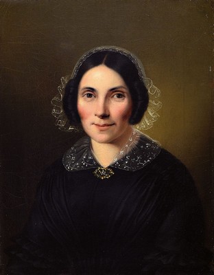 Paar Biedermeierporträts, um 1830/40, anonym, Pendants, Herr im schwarzen Rock, Frau in schwarzem Kleid mit Spitzenkragen u. Brosche, unsigniert, je ...