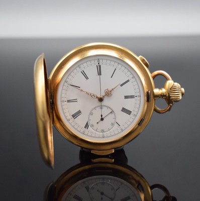 TEMPORA Herrensavonette in GG 750/000 mit Minutenrepetition & Chronograph, Schweiz für den Deutschen Markt um 1900, 3-Deckel Goldgeh. dell./riss., ...
