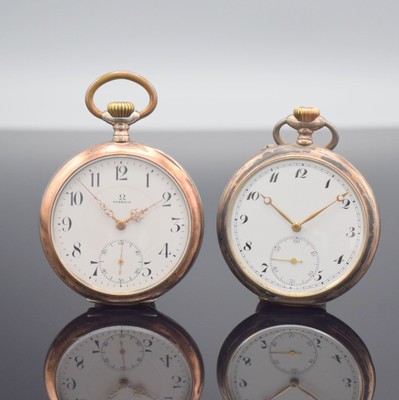 OMEGA & IWC offene Taschenuhren in 800er Silber, Schweiz um 1910/1914, beide Geh. stark angel. & 1x dell., Rückdeckel guill., 1 x m. Monogramm, 1 x ...