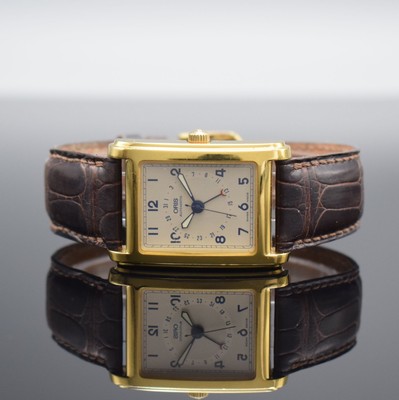 ORIS rechteckige vergoldete Armbanduhr mit Zeigerdatum in Stahl, Schweiz um 1995, Ref. B7460, Boden 4-fach verschr., silb. Zifferbl. m. arab. Zahlen, ...
