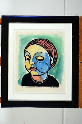 Michaela Krinner, 1915 - 2006, Aquarell und aquarellierter Linolschnitt, a. Aquarell, Porträt einer jungen Frau mit dunklem Haar, li. u. signiert, ...