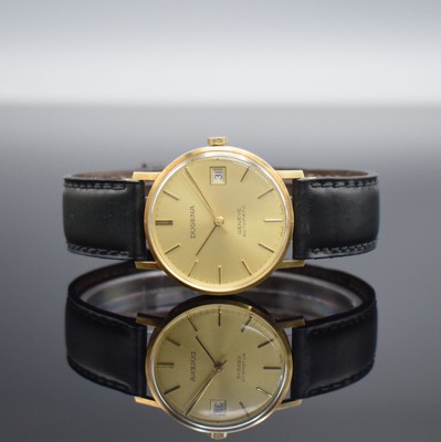 DUGENA Armbanduhr in GG 585/000, Schweiz um 1965, Automatik, Geh. angel., Boden m. Widmung aufgedr., gold. Zifferbl. m. aufgel. Std.- Ind., gold. ...