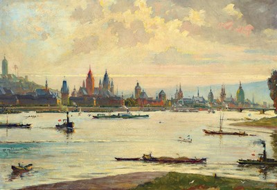 Phipii Zeltner, 1865-1946 Mainz, Studium an den Akademien Karlsruhe, München und Paris, hier Blick über den Rhein auf das Panorama von Mainz, ...