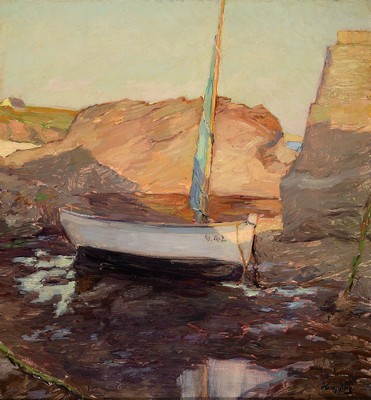 Wilhelm Hempfing, 1886 Schönau-1948 Karlsruhe, Studium an der Akademie Karlsruhe, Meisterschüler von Friedrich Fehr, hier: Segelboot am Felsenufer, ...