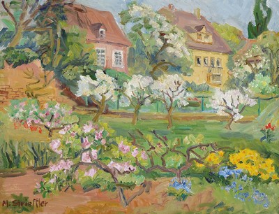 Marie Strieffler, 1919 Landau - 1987, Blick aus dem Haus der Künstler im Löhl auf einen blühenden Garten im Frühling, Öl/Lwd, signiert, wohl um ...