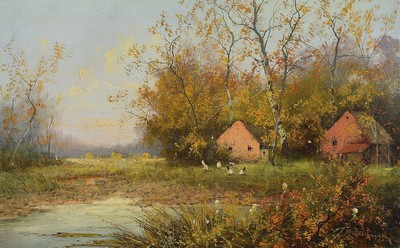Minna Bachmann, erw. um 1860-1887, Landschaft mit Bauernhäusern am See, Öl/Lwd, rest., rechts unten signiert, ca. 42x62cm, aufwändiger ...