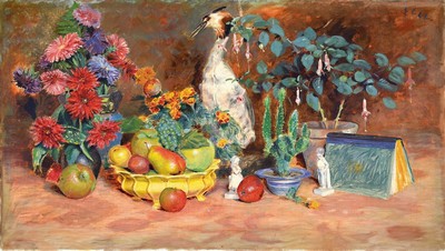 Erler o.ä., 1. Hälfte 20. Jh., Stillleben mit Blumen, Buch, Porzellanfiguren, Kaktus, Früchten und Reiher, Öl/Lwd, rechts oben signiert, ca. ...