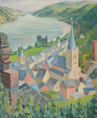 Carl Christoph Hartig, 1888 Davos - 1975 Düsseldorf, Studium an der Düsseldorfer Akademie, ab 1906 in Weimar, hier: wohl Rheinlandschaft, Öl/Lwd, ...